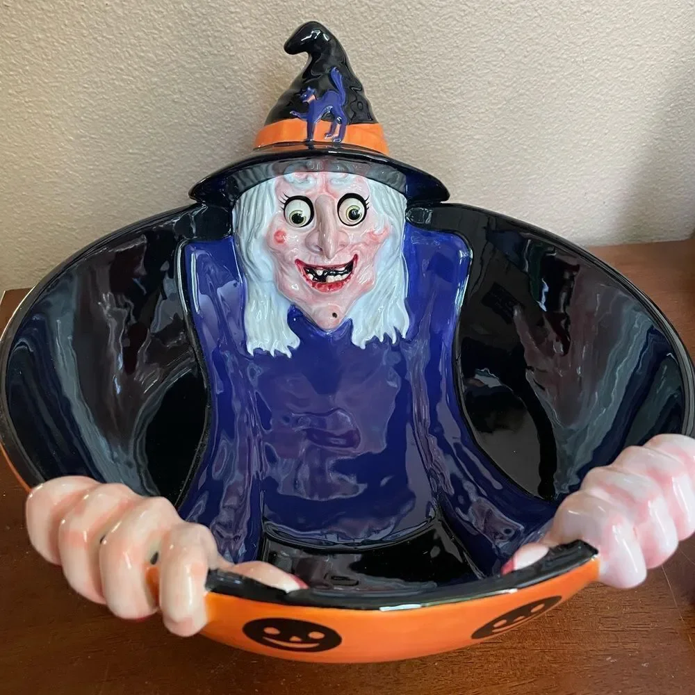 Department 56 RARE and HTF Witch Ceramic Googling Eyes Big Halloween Bowl